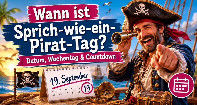 Pirat auf einem Segelschiff zeigt auf einen Kalender mit dem Datum 19. September. Titelgrafik zum Sprich-wie-ein-Pirat-Tag mit Datum, Wochentag und Countdown bis zum nächsten Aktionstag.