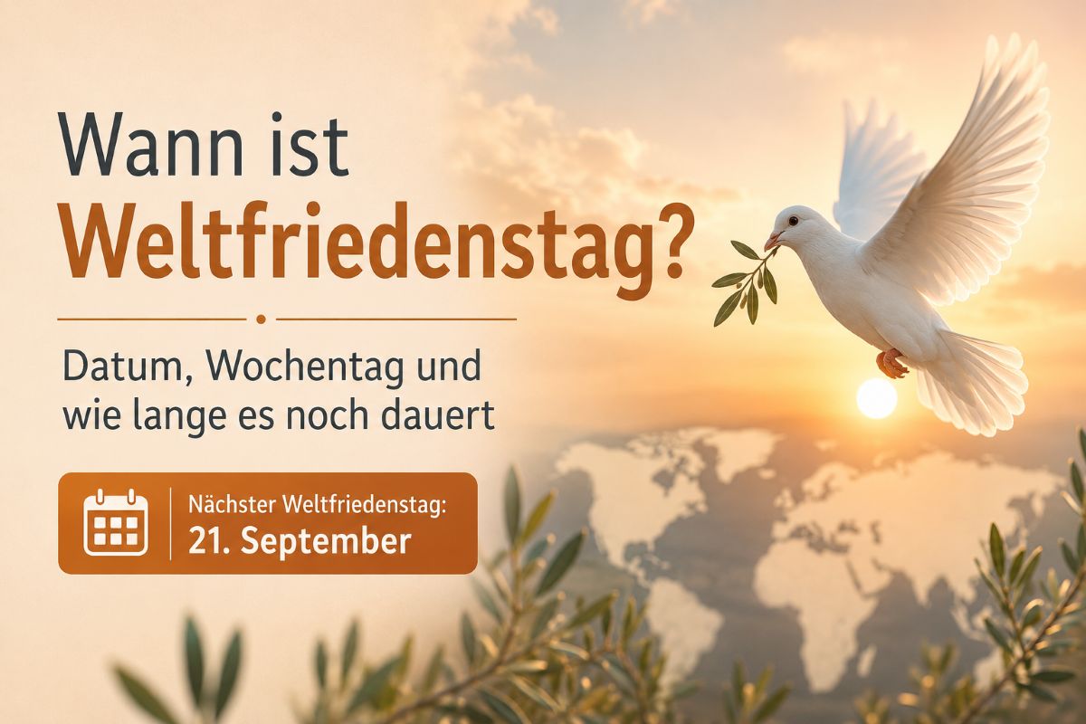 Illustration zum Weltfriedenstag mit weißer Friedenstaube und Olivenzweig vor warmem Himmel, dazu der Text „Wann ist Weltfriedenstag?“ sowie der Hinweis auf den 21. September.